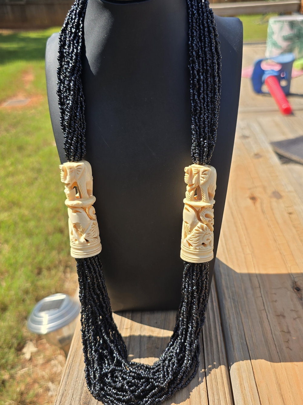 Tribal Black Multi-Strand Seed Bead Necklace with Carved Ivory Accents